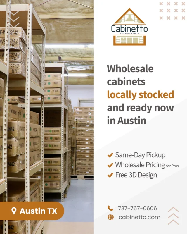 Looking for a reliable cabinet partner in Austin? 📐✨

At Cabinetto, we support local designers and remodelers with ready-to-go, high-end cabinetry. From free 3D designs to immediate local availability, we help you bring your vision to life without the long wait.

📍 Visit us in Austin
💰 Exclusive Pro Pricing
🚚 Pick up your order the same day

Let’s build something great together.