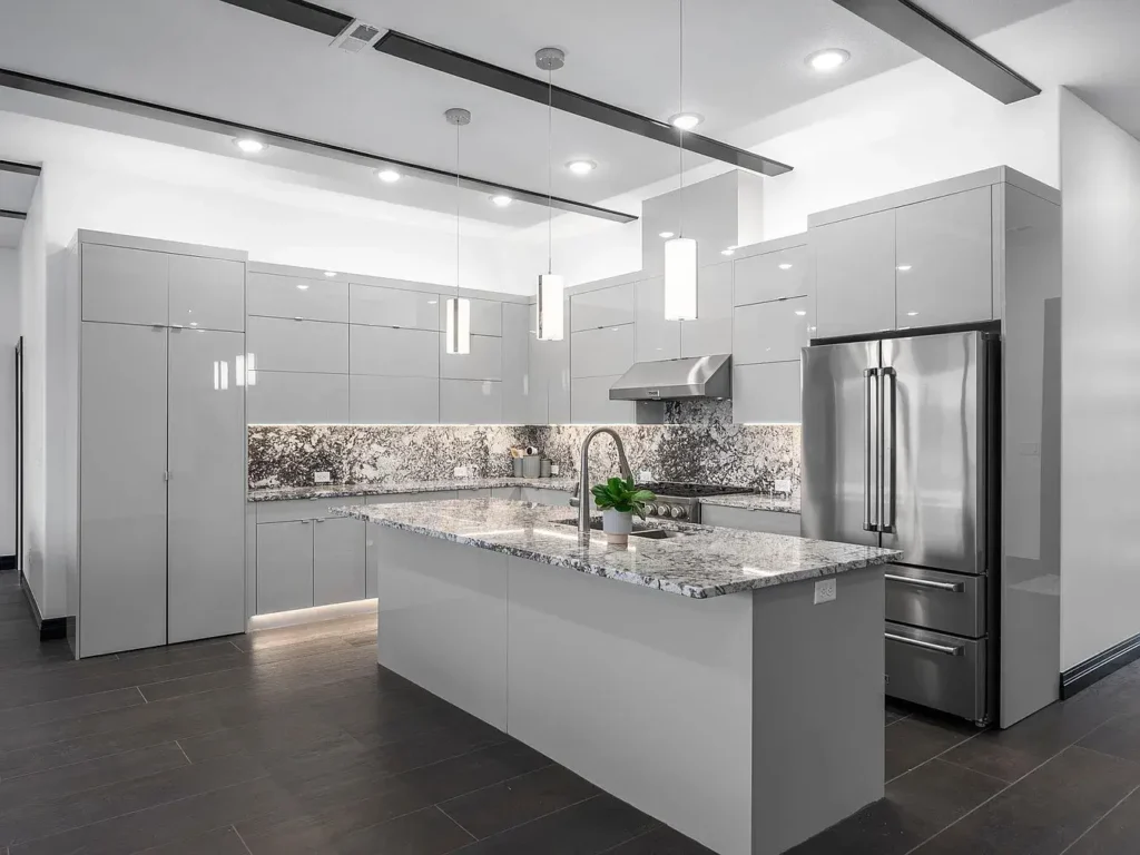 Frameless cabinetry in white glossy finish