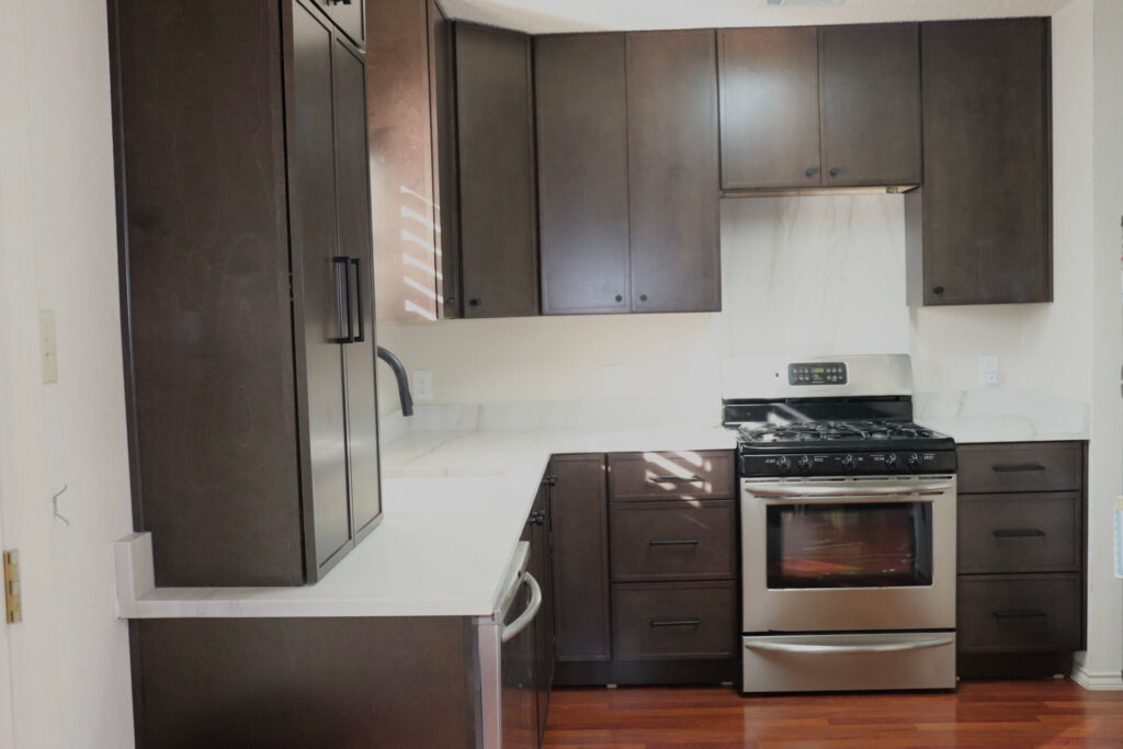 RTA Slim Mocha cabinets with Stratus Mykonos Leathered countertops