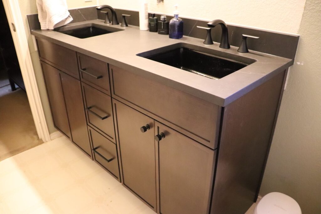 RTA Slim Mocha cabinets with Stratus Mykonos Leathered countertops