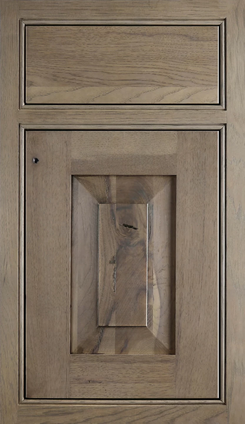 Shown in Hickory with Cashew Stain, Solid Drawer Front in Lancaster Inset