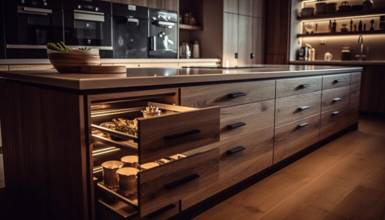 Modern two-tone kitchen island with natural white oak cabinets and seating in Austin TX